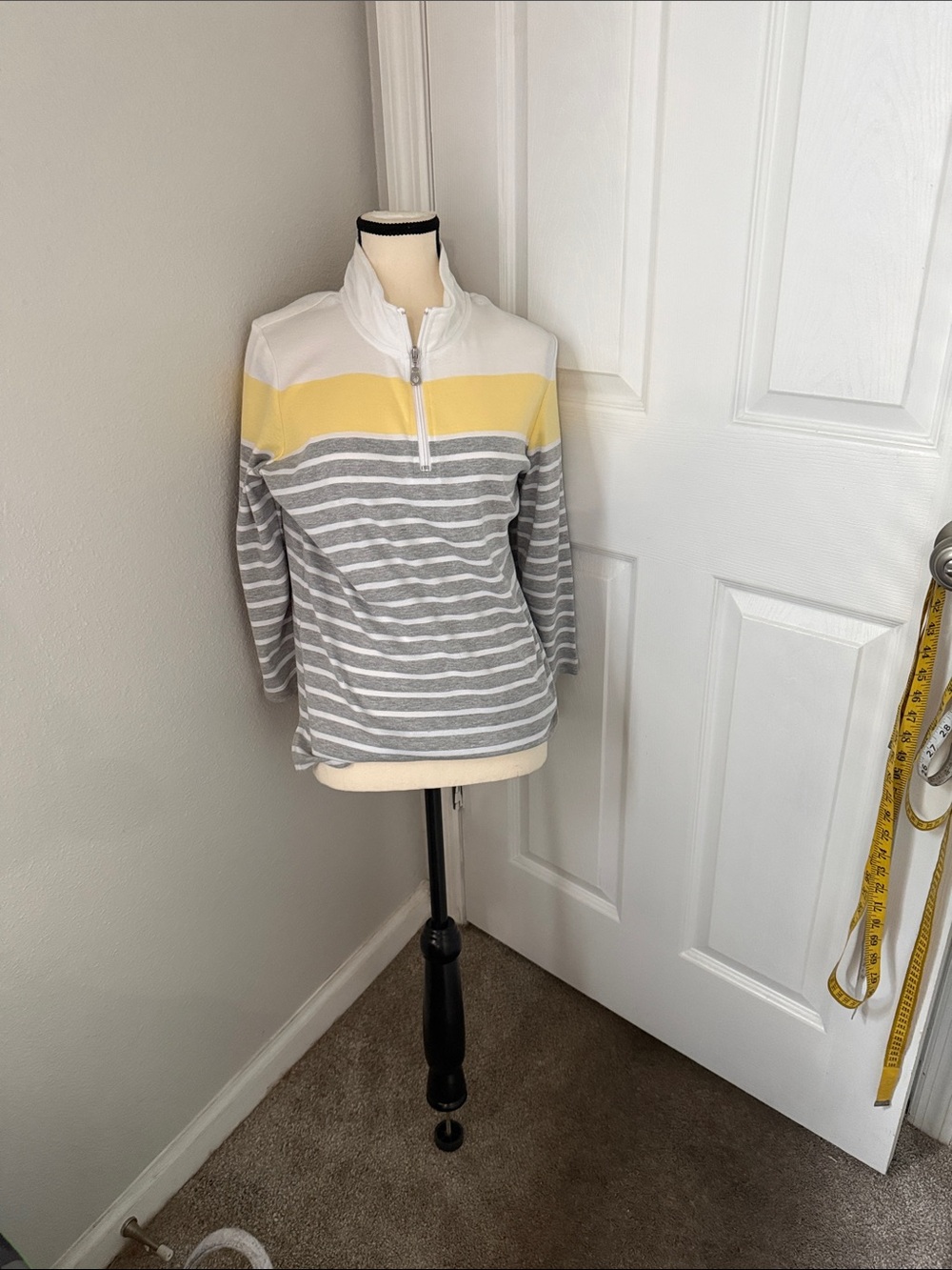 Karen Scott Striped Half-Zip Pullover Sweater in Gray, White & Yellow
